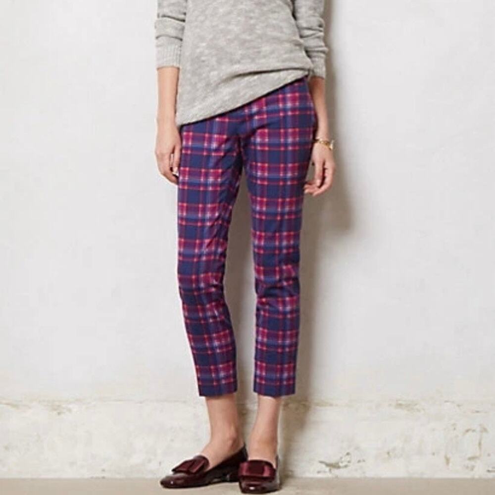 ANTHROPOLOGIE CARTONNIER BLUE & PINK TARTAN PLAID CHARLIE ANKLE PANTS 8 PETITE